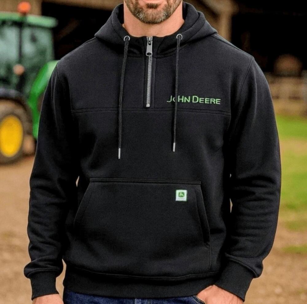 John Deere Men's Quarter Zip Hoodie Heavyweight Cotton in Black Size M